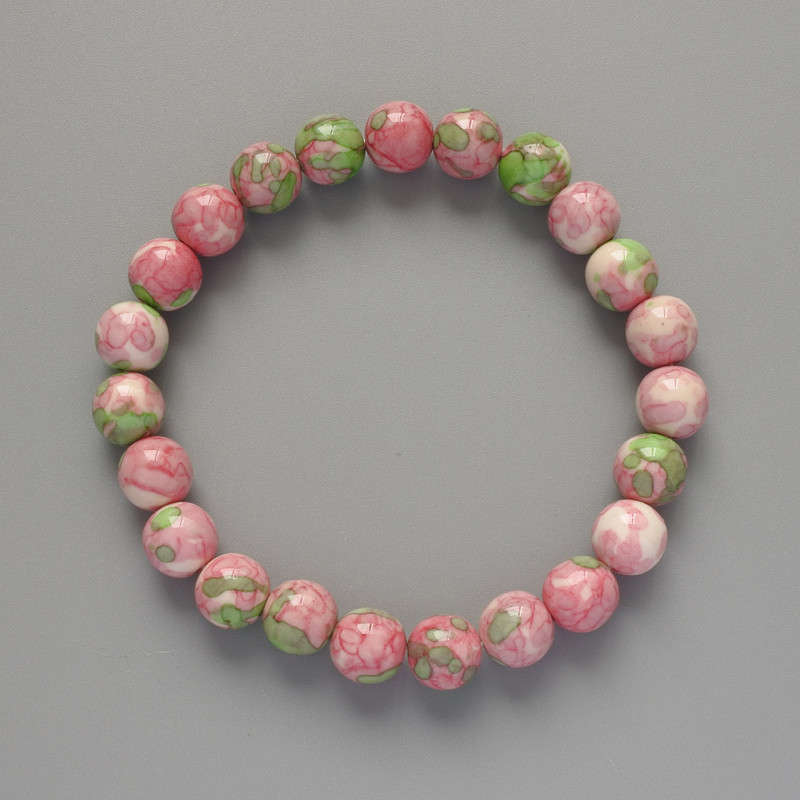 Bracciale Varisite (acrilico artificiale) rosa, bianco e verde, perle lisce, diametro 8,5 mm, lunghezza 18 cm ± (elasticizzato)