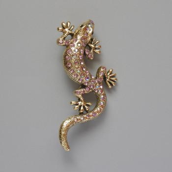 Spilla a forma di lucertola con strass rosa, effetto camaleonte, in metallo dorato 29×63 mm