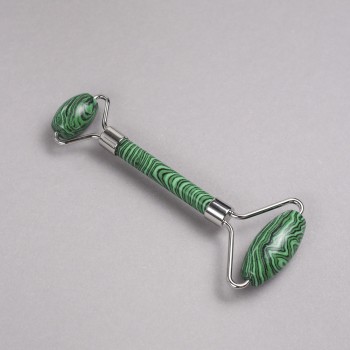 Massaggiatore a rulli in pietra malachite, bidirezionale, lunghezza 14,5 cm, metallo argentato