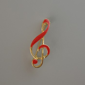 Spilla a forma di chiave di violino, smalto rosso, metallo dorato 38×16 mm