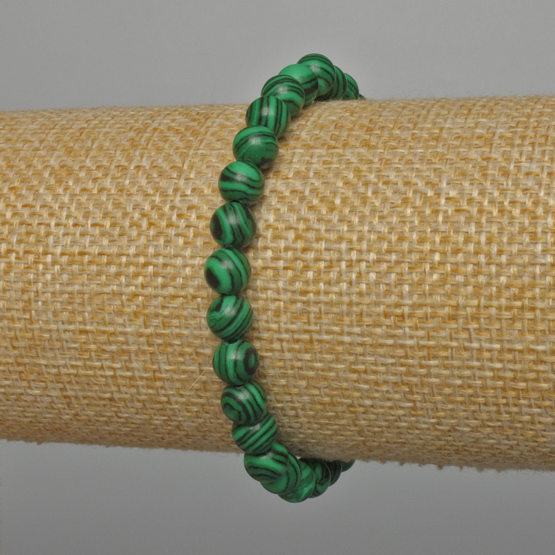 Bracciale malachite artificiale con perle lisce, diametro 6 mm, lunghezza 18 cm (elastico)