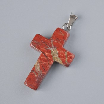 Ciondolo «Croce» in jasper rosso, pietra naturale, diametro 25×18 mm ±, lunghezza 34 mm ±
