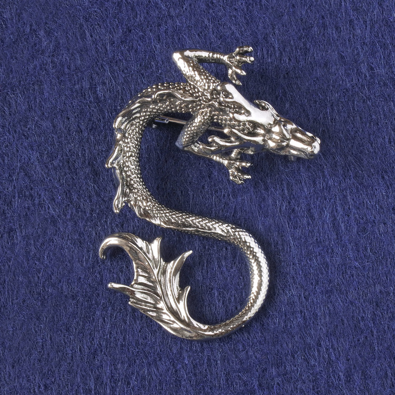 Spilla-ciondolo Drago, metallo argentato 44x30mm +