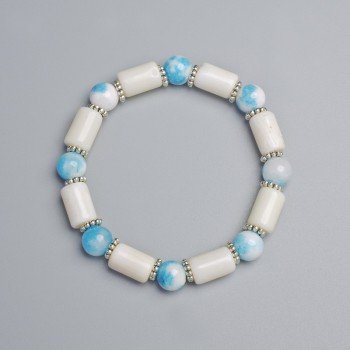 Bracciale acquamarina artificiale e agata bianca, diametro 7,5×12 mm, 8 mm ± (elastico), lunghezza 18 cm ± con inserti in metallo
