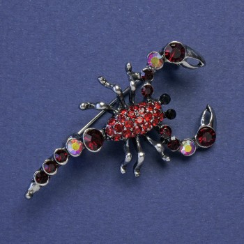 Spilla Scorpione con strass rossi, colore argento, metallo 47×25 mm +