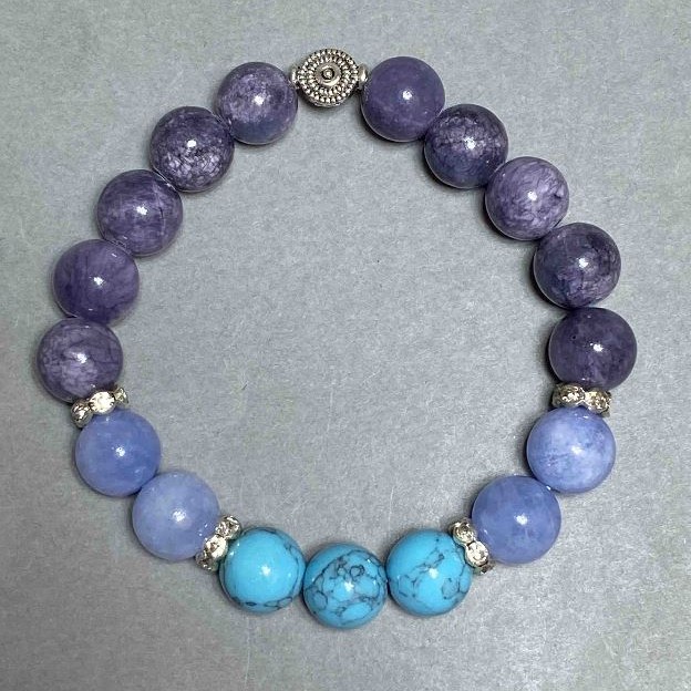 Bracciale Tanzanite, Turchese e Acquamarina con inserti, diametro 10 mm ±, lunghezza 18 cm ± elastico