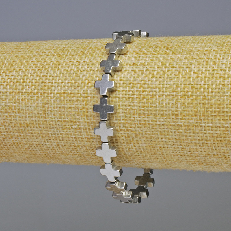 Bracciale in ematite «Croce» colore argento, diametro 8×8×3 mm, lunghezza 18 cm ± elastico