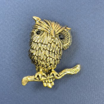 Spilla Civetta con strass neri e metallo dorato, diametro 28 mm, lunghezza 45 mm ±