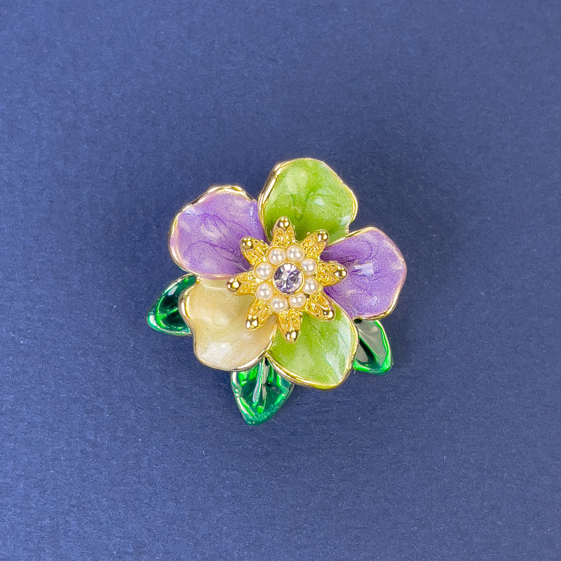 Spilla Fiore, diametro circa 25 mm, smalto multicolore e strass