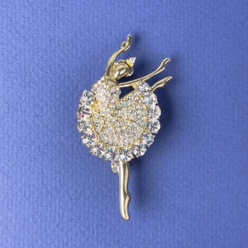 Spilla Ballerina con strass bianchi, metallo dorato, 51×26 mm ±