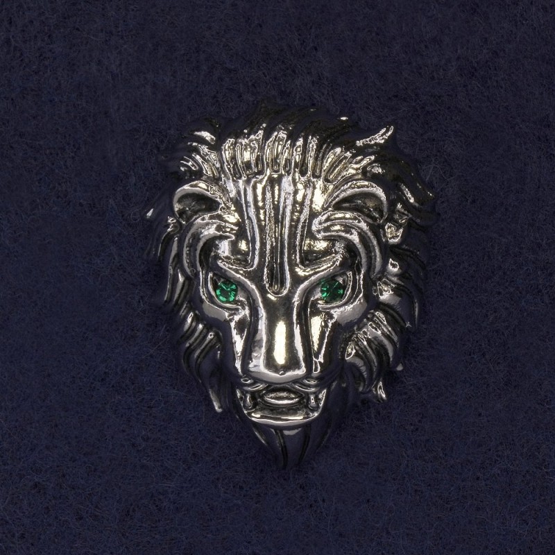 Spilla Leone con strass verdi e metallo argentato, diametro 28×22 mm +