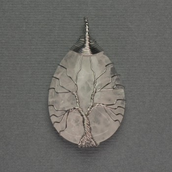 Ciondolo a goccia in cristallo di roccia, 24×35×48 mm ±, rivestito in metallo argentato intrecciato