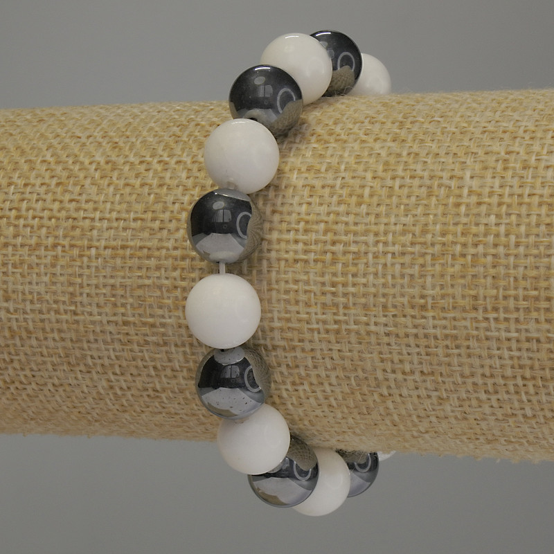 Bracciale in agata e ematite, pallina liscia, diametro 10 mm ±, lunghezza 18 cm, elastico