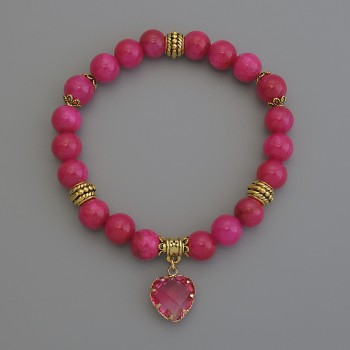 Bracciale acrilico rosa lampone con palline lisce, diametro 8 mm ±, con ciondolo, lunghezza 18 cm+