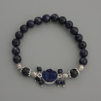 Bracciale Avventurina Notte Kaïra, sfere sfaccettate, diametro 8 mm ±, geode 13 mm ±, lunghezza 18 cm elastico