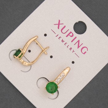 Orecchini Xuping con strass bianchi e cristallo verde, diametro 6 mm +-, lunghezza 17 mm +-, doratura in oro 18K