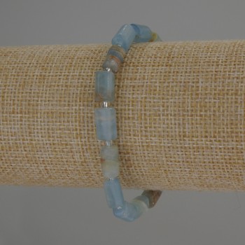 Bracciale in calcite blu, cilindri da 10×6 mm, perline da 3 mm, lunghezza circa 18 cm, elastico