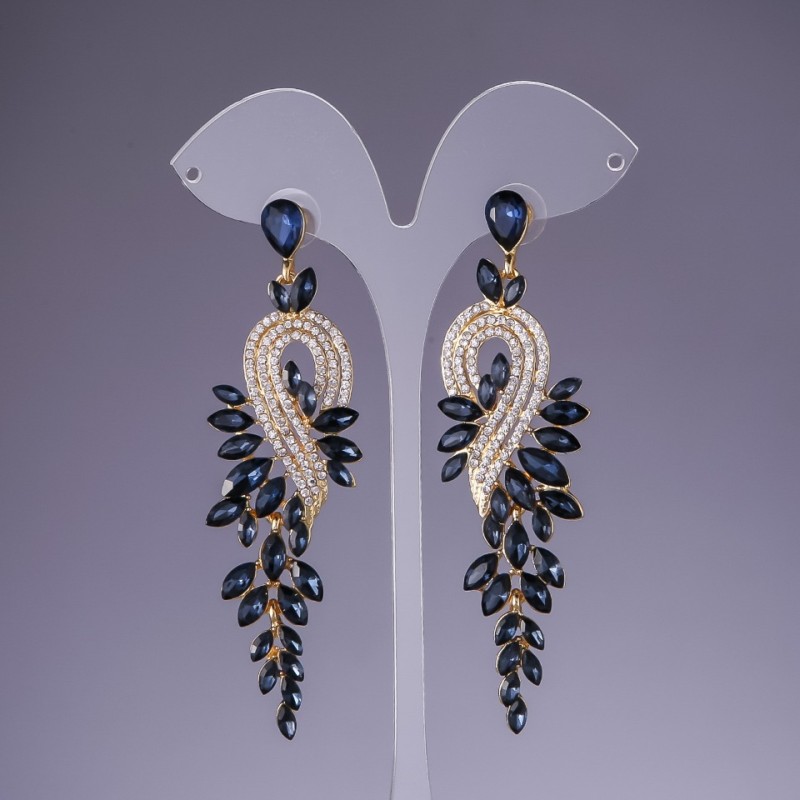 Orecchini con cristalli blu scuro, lunghezza 9 cm, metallo dorato