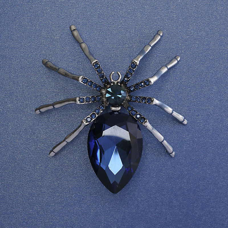 Spilla Ragno con cristallo blu e strass blu, 65 mm±, metallo argentato
