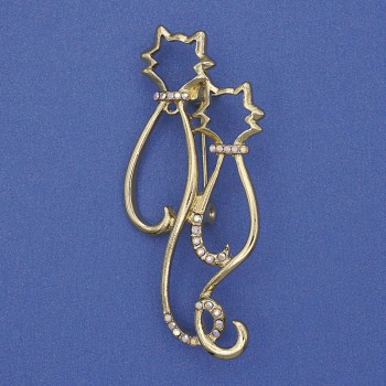 Spilla a forma di gatti con strass iridescenti, colore dorato opaco, in metallo 58×26 mm+