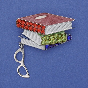 Spilla 'Libri con occhiali' smalto colorato, strass, metallo argentato 45×28×48 mm+