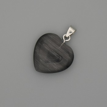 Ciondolo a forma di cuore con Occhio di gatto grigio scuro, metallo argentato, diametro 20x20 mm (+-), lunghezza 30 mm (+)