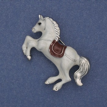 Spilla pendente Cavallo, smalto bianco, metallo argentato 44x27 mm+
