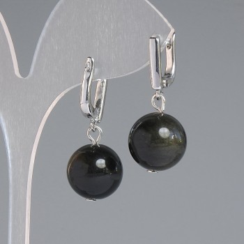 Orecchini in obsidiano solare, sfera liscia, diametro 14 mm, lunghezza 32 mm, metallo argentato