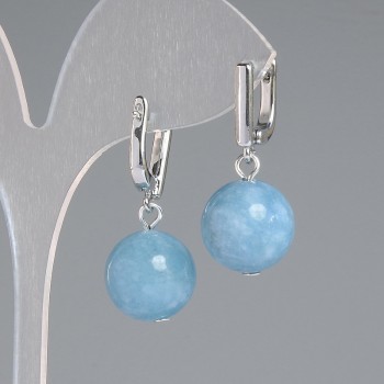 Orecchini in acquamarina con pietra naturale, sfera liscia, diametro 14 mm ±, lunghezza 32 mm ±, metallo argentato