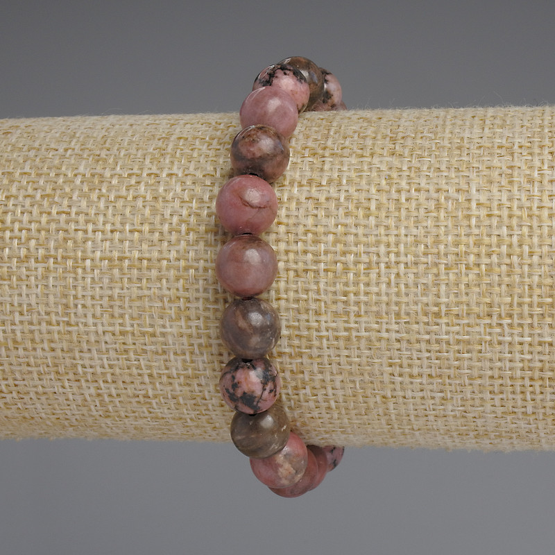 Bracciale in rodonite palline lisce, diametro 8,5 mm, lunghezza 18 cm, elastico