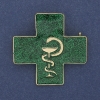 Spilla-pendente Croce con Serpente sopra il Calice, smalto verde, metallo dorato, 38×38 mm+