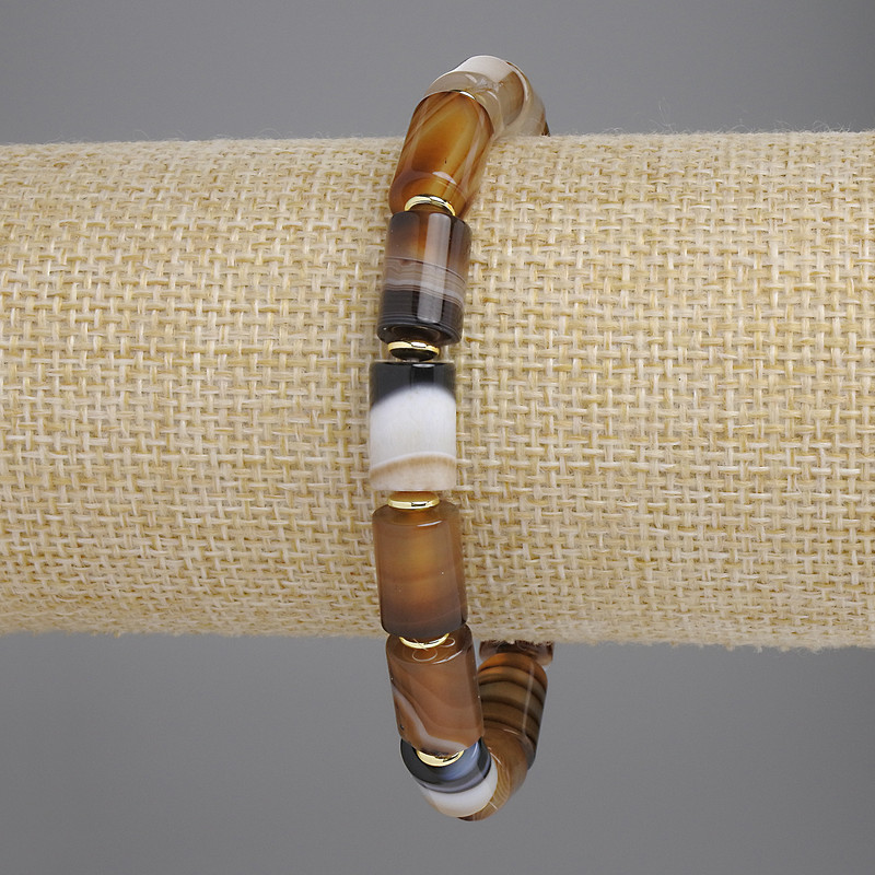 Bracciale in agata a cilindri, diametro 11,5×8 mm, con inserti metallici, lunghezza 18 cm +/- elastico