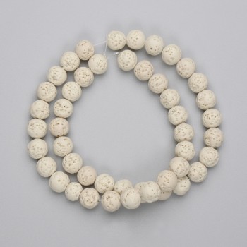 Perline beige di lava vulcanica a forma di sfera, diametro 8 mm +/- su filo, lunghezza 38 cm+