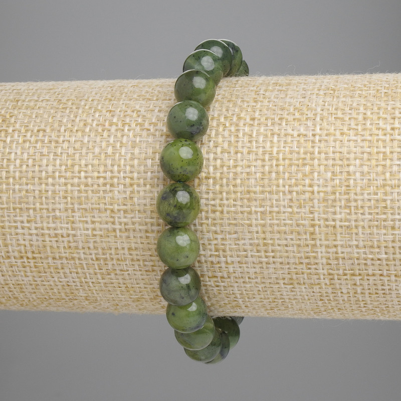 Bracciale in giadeite con perle lisce, diametro 8 mm, lunghezza 18 cm, elastico