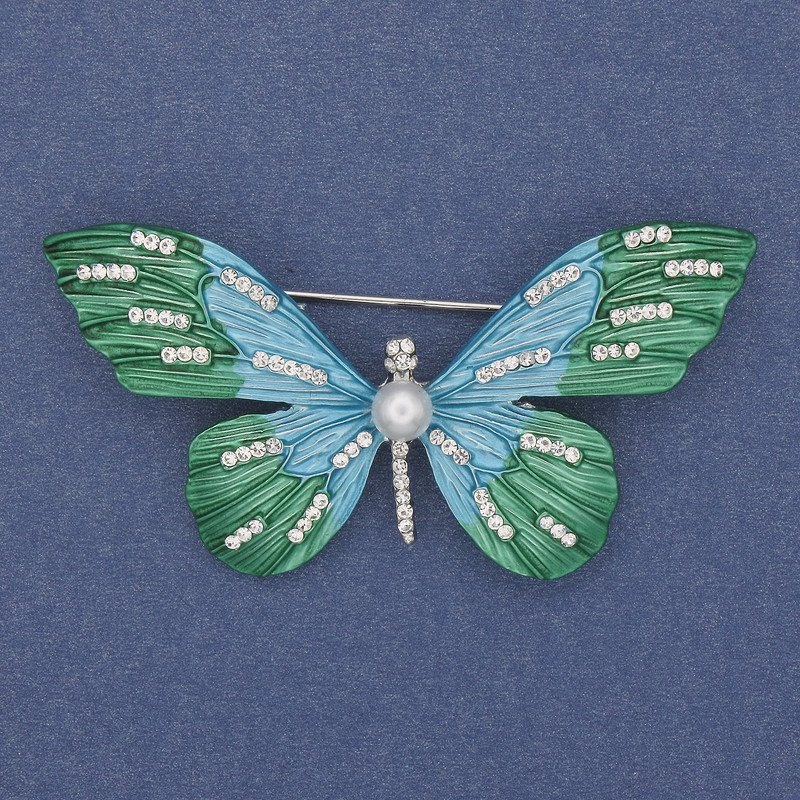 Spilla Farfalla con strass e smalto in metallo argentato 60×35 mm+