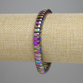 Bracciale di ematite arcobaleno a rondelle semicircolari 8×3,5 mm +/-, lunghezza 18 cm, elastico