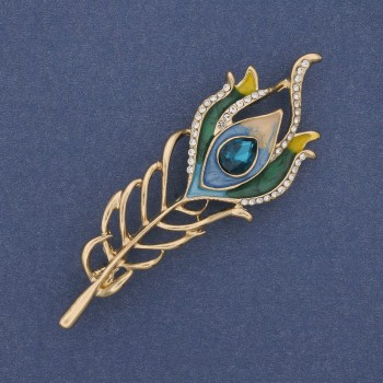 Spilla a forma di piuma con smalto e strass, metallo dorato, 72×24 mm +