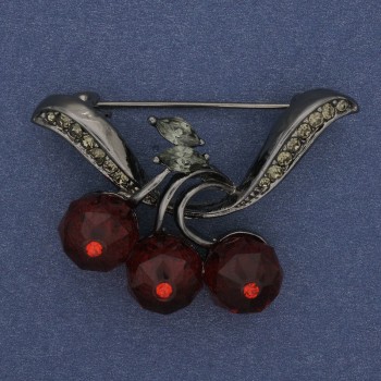 Spilla Ciliegie cristalli rossi strass colore del metallo argento scuro 42×25mm+