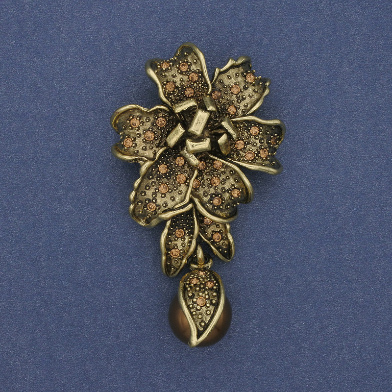 Spilla-pendente Fiore con perla e strass, colore metallo bronzo, 60×32 mm+