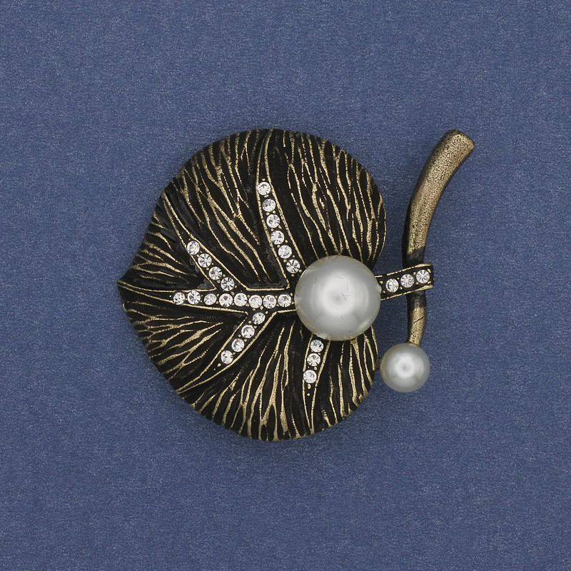Spilla Foglia con perle e strass, colore bronzo, 37x42 mm+