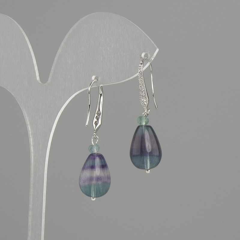 Orecchini Fluorite goccia, diametro 14x10mm+-, lunghezza 37mm+