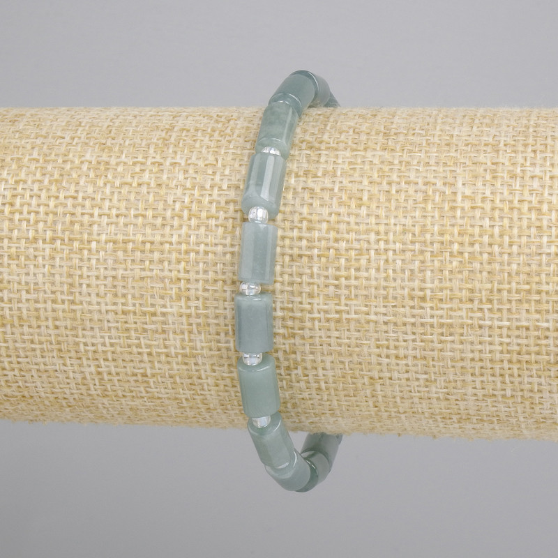 Bracciale Giadeite cilindro, 8×5 mm, perline da 3 mm, lunghezza 18 cm, elastico