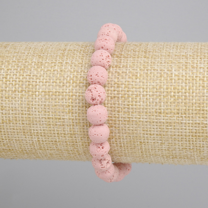 Bracciale rosa in lava vulcanica — palline lisce da 8 mm, lunghezza circa 18 cm, elastico