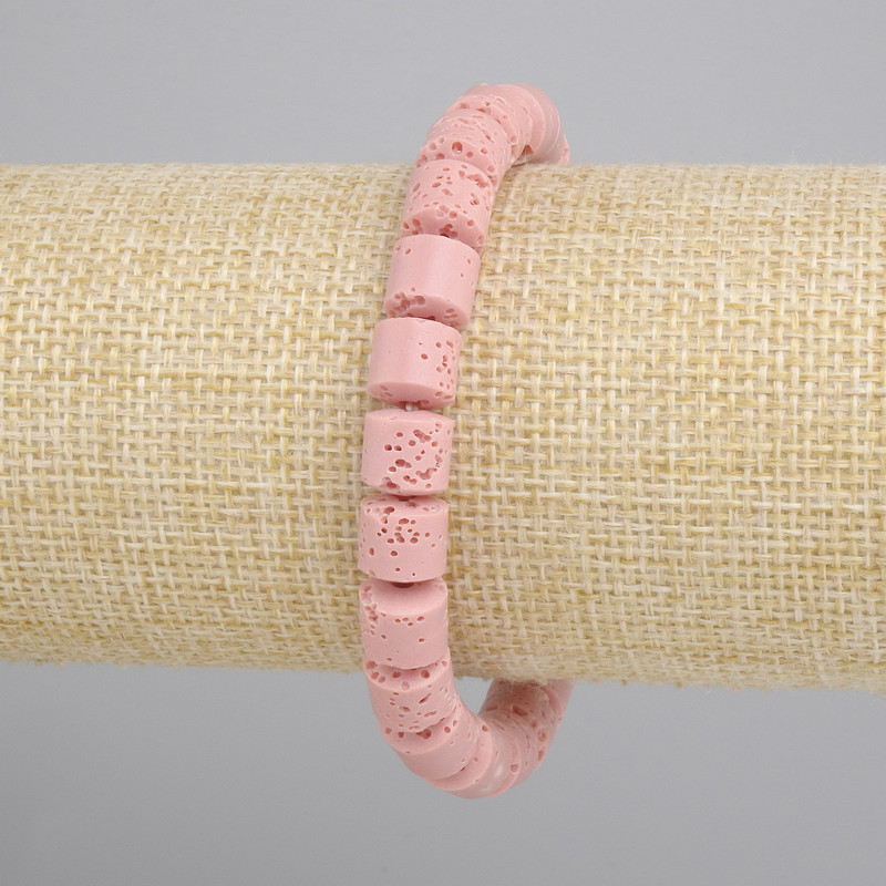 Bracciale rosa lava vulcanica cilindri 8×8 mm, lunghezza 18 cm, elastico