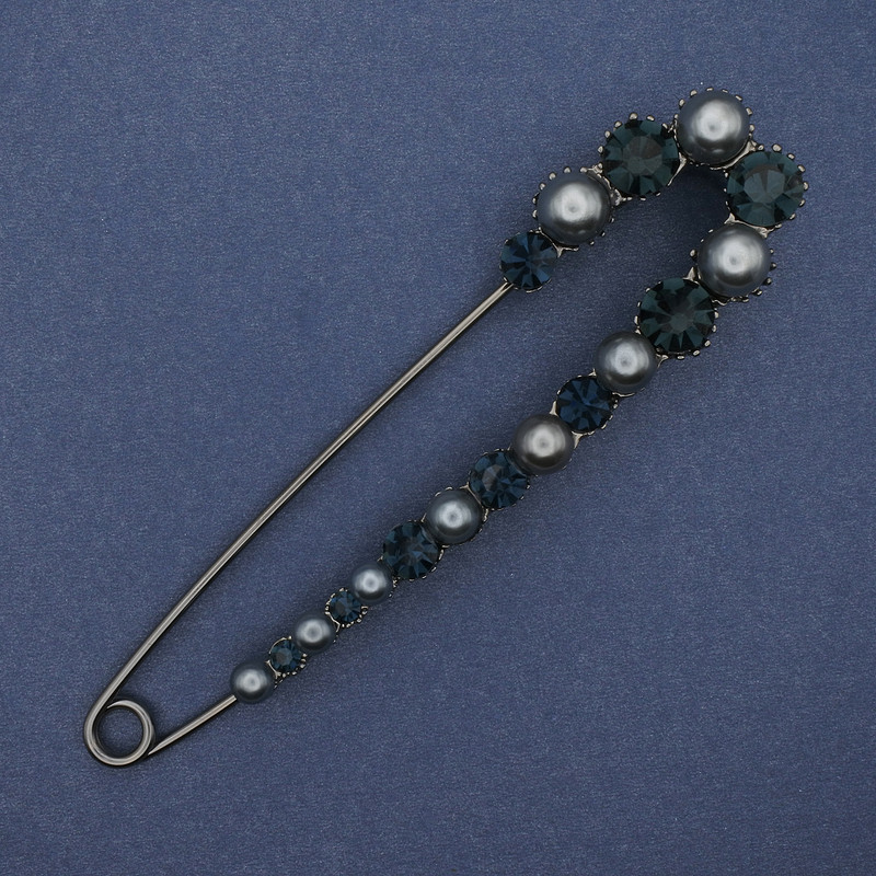 Spilla spillone strass perle Maiorca 103x25mm+- metallo argento scuro