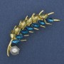 Spilla Spiga con strass gialli e azzurri, perla e metallo dorato 55×15 mm +