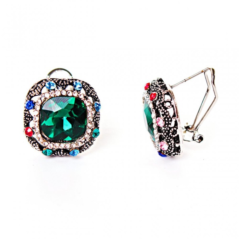 Orecchini «Arcobaleno» da 2,3 cm, quadrati, con strass e cristallo verde