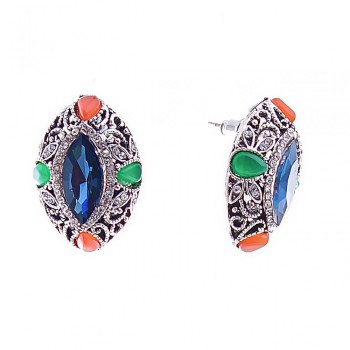 Orecchini a perno con cristalli blu, taglio marquise, montatura in strass, 26 × 19 mm