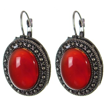 Orecchini in corniola e sardonice, montatura a punto croce, pietra ovale 2,5×2 cm, lunghezza 3,8 cm, in saldo