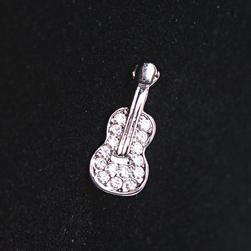 Spilla «Chitarra» piccola, in metallo argentato con strass, 2,5 cm
